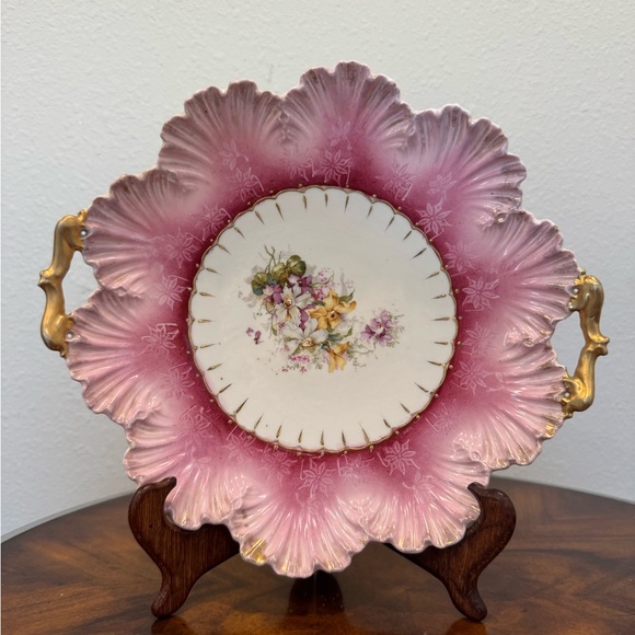 Other - Antique Pink Floral Porcelain Decorative Cake Plate with Handles 12”